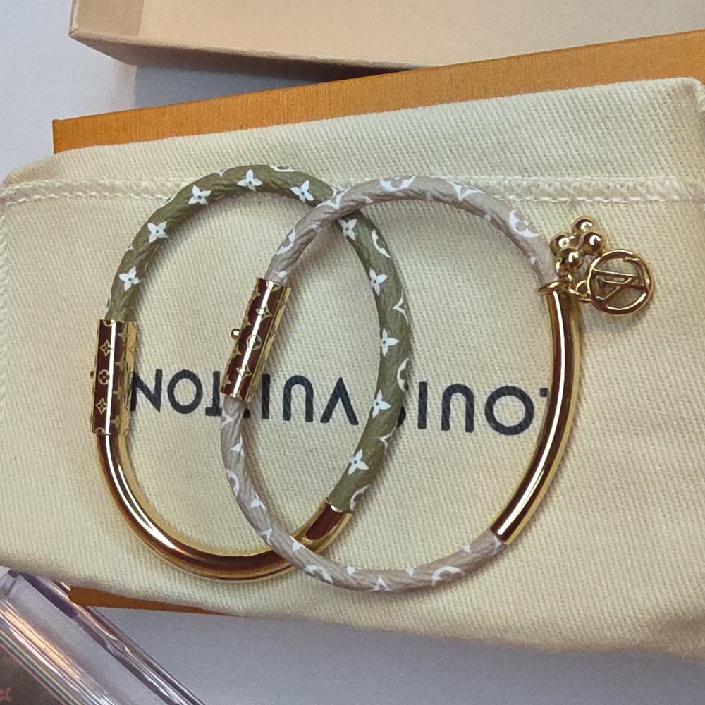 Louis Vuitton 2pc Duogram Khaki Beige Leather Bracelet Set!